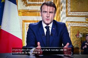 French President Emmanuel Macron adresses a speech after the censure of Michel Barnier's - Paris