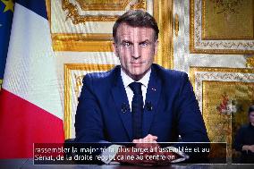 French President Emmanuel Macron adresses a speech after the censure of Michel Barnier's - Paris