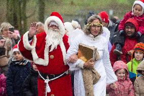 Santa Claus Comes With Hilicopter In Essen Steele