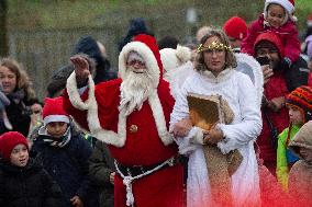 Santa Claus Comes With Hilicopter In Essen Steele