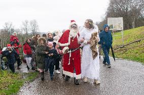 Santa Claus Comes With Hilicopter In Essen Steele