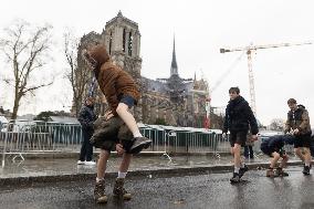 People attend the first mass outside Notre Dame Cathedral - Paris