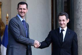 President Sarkozy meets with Syrian President Al-Assad at the Elysee Palace - Paris