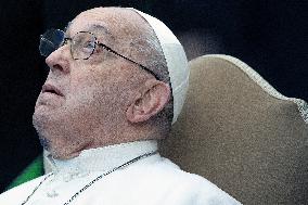 Pope Francis Prays In Front Of Virgin Mary Statue - Rome