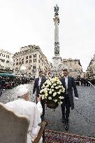 Pope Francis Prays In Front Of Virgin Mary Statue - Rome