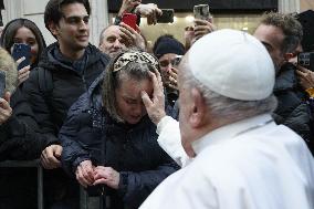 Pope Francis Prays In Front Of Virgin Mary Statue - Rome