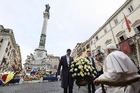 Pope Francis Prays In Front Of Virgin Mary Statue - Rome