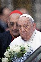 Pope Francis Prays In Front Of Virgin Mary Statue - Rome