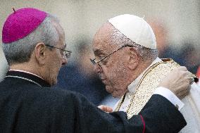 Pope Francis Prays In Front Of Virgin Mary Statue - Rome