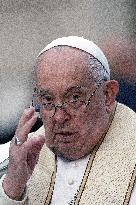 Pope Francis Prays In Front Of Virgin Mary Statue - Rome