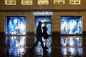 Rainy Evening In Munich During Christmas Season