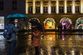 Rainy Evening In Munich During Christmas Season