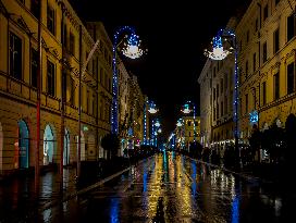 Rainy Evening In Munich During Christmas Season