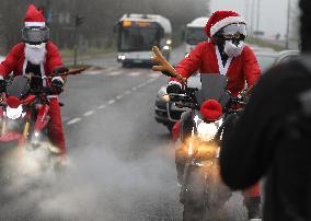 Santas On Motorcycles In Krakow