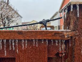 Freezing Rain Results In Surfaces Being Coated With A Sheet Of Ice In Toronto, Canada