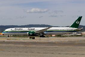 Saudia Boeing 787 on the runway after landing in Barcelona