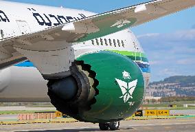 Saudia Boeing 787 on the runway after landing in Barcelona