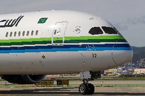 Saudia Boeing 787 on the runway after landing in Barcelona