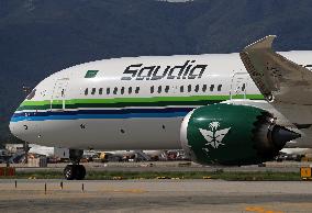 Saudia Boeing 787 on the runway after landing in Barcelona