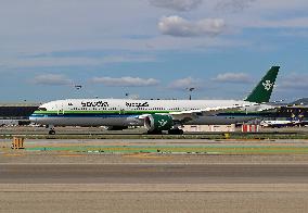 Saudia Boeing 787 on the runway after landing in Barcelona