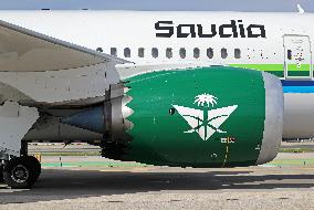 Saudia Boeing 787 on the runway after landing in Barcelona