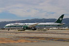 Saudia Boeing 787 on the runway after landing in Barcelona