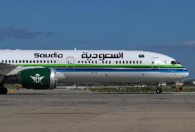 Saudia Boeing 787 on the runway after landing in Barcelona