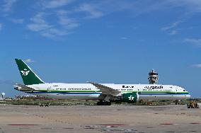 Saudia Boeing 787 on the runway after landing in Barcelona