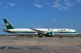 Saudia Boeing 787 on the runway after landing in Barcelona