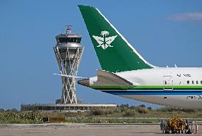 Saudia Boeing 787 on the runway after landing in Barcelona