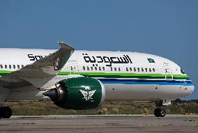 Saudia Boeing 787 on the runway after landing in Barcelona