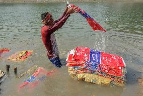 Cement Bags Washed In The Heavy Polluted Surma River - Bangladesh