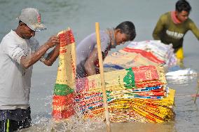 Cement Bags Washed In The Heavy Polluted Surma River - Bangladesh