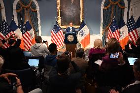 Mayor Of New York City Eric Adams Speaks At A News Conference Following His Meeting With Incoming Trump-Vance Administration “bo