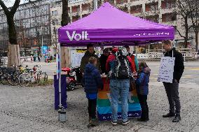 The German Federal Election Campaign For The Early Federal Election 2025 Has Begun, VOLT Party With Information Stand In Munich