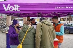 The German Federal Election Campaign For The Early Federal Election 2025 Has Begun, VOLT Party With Information Stand In Munich