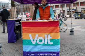 The German Federal Election Campaign For The Early Federal Election 2025 Has Begun, VOLT Party With Information Stand In Munich