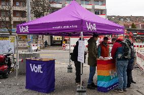 The German Federal Election Campaign For The Early Federal Election 2025 Has Begun, VOLT Party With Information Stand In Munich