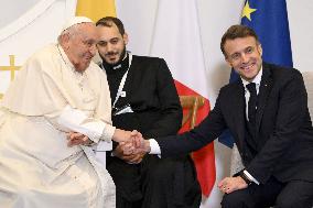 Pope Francis Meets Emmanuel Macron At Ajaccio Airport - France