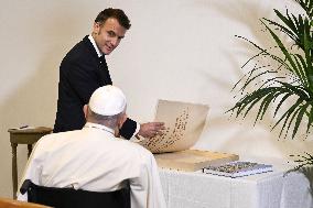 Pope Francis Meets Emmanuel Macron At Ajaccio Airport - France