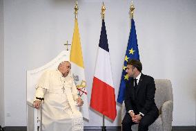 Pope Francis Meets Emmanuel Macron At Ajaccio Airport - France