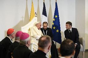 Pope Francis Meets Emmanuel Macron At Ajaccio Airport - France