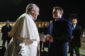 Pope Francis Meets Emmanuel Macron At Ajaccio Airport - France