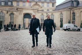 Laurent Wauquiez and Mathieu Darnaud arrives to Meet PM Bayrou - Paris AJ