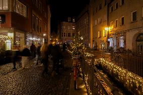 Festively Illuminated Narrow Streets In The Bavarian City Of Augsburg