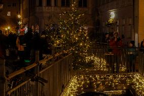 Festively Illuminated Narrow Streets In The Bavarian City Of Augsburg