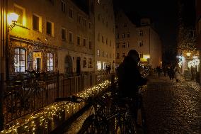 Festively Illuminated Narrow Streets In The Bavarian City Of Augsburg