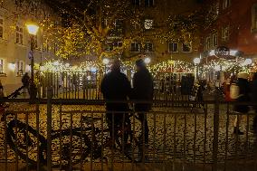 Festively Illuminated Narrow Streets In The Bavarian City Of Augsburg