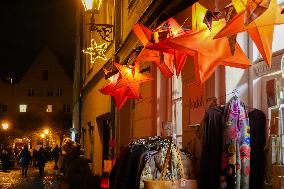 Festively Illuminated Narrow Streets In The Bavarian City Of Augsburg