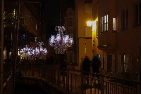 Festively Illuminated Narrow Streets In The Bavarian City Of Augsburg